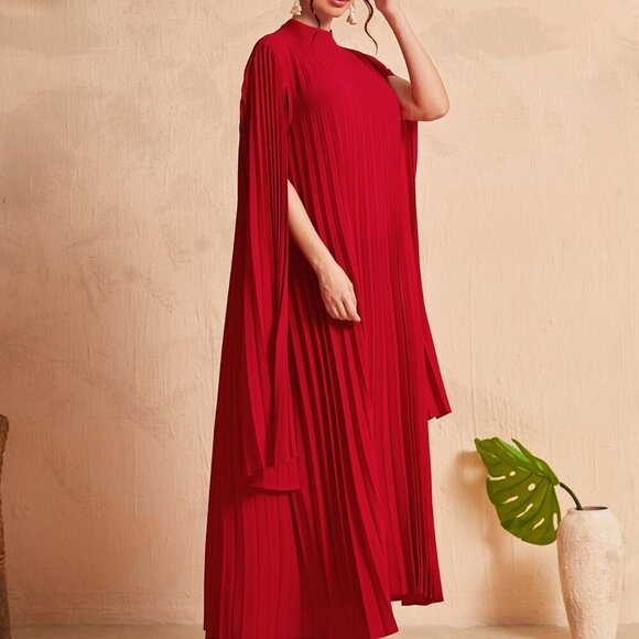 Red Party Women's Stand Collar Cloak Sleeve Dress - Picture 5 of 6